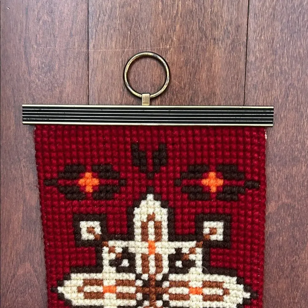 Vintage Bell Pull Red and Cream Needlepoint Wall Hanging, Scandinavian Style